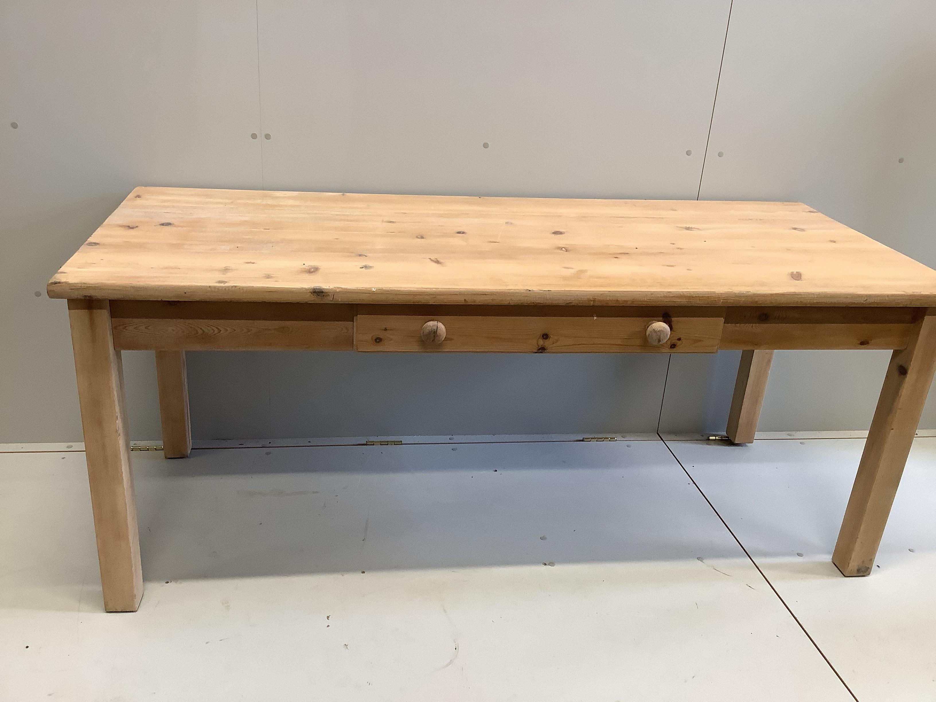 A Victorian style rectangular pine kitchen table, fitted drawer, length 182cm, width 76cm, height 75cm